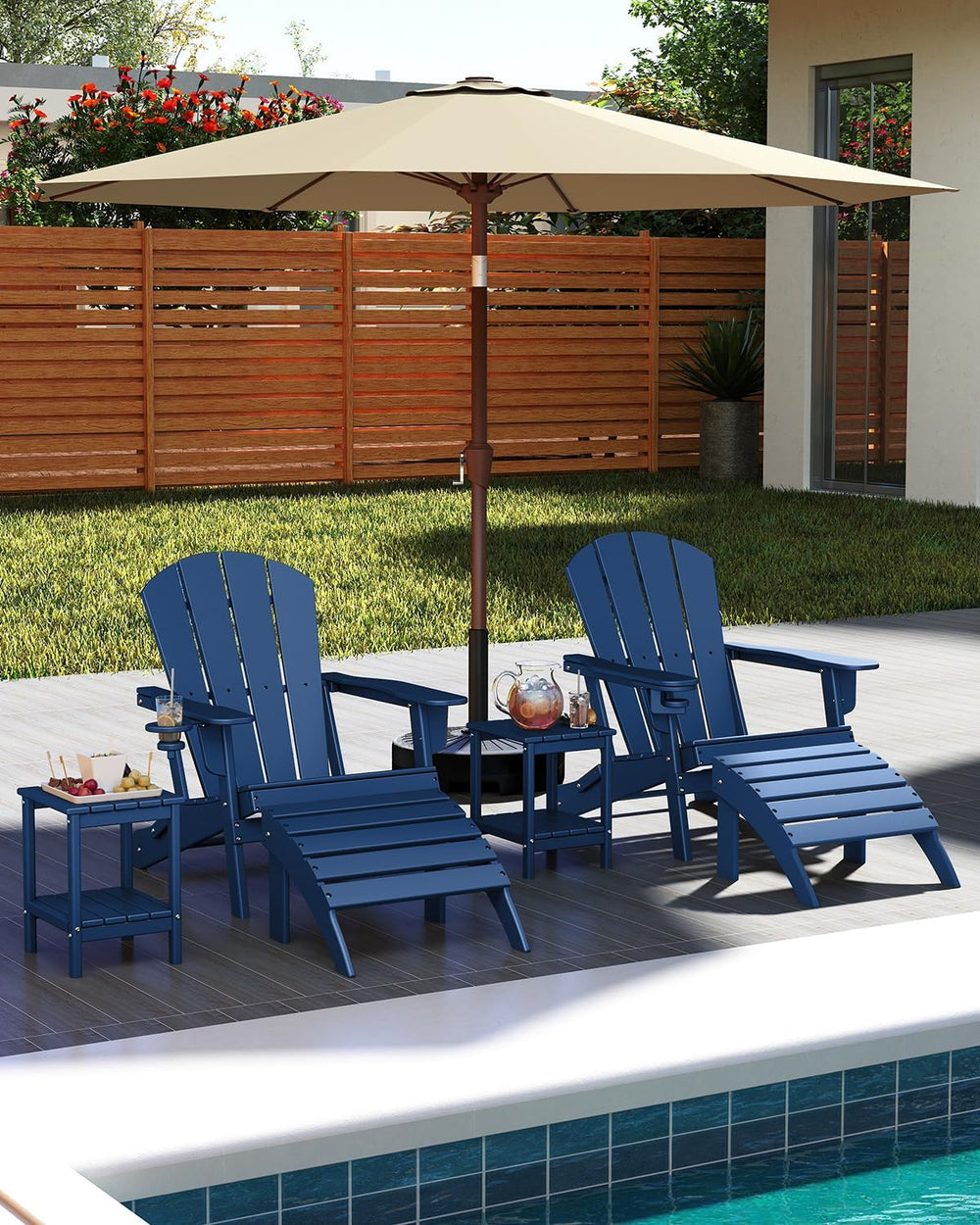 GREENVINES Folding Adirondack Chairs Set of 4 w/Cup Holder, HDPE, Blue