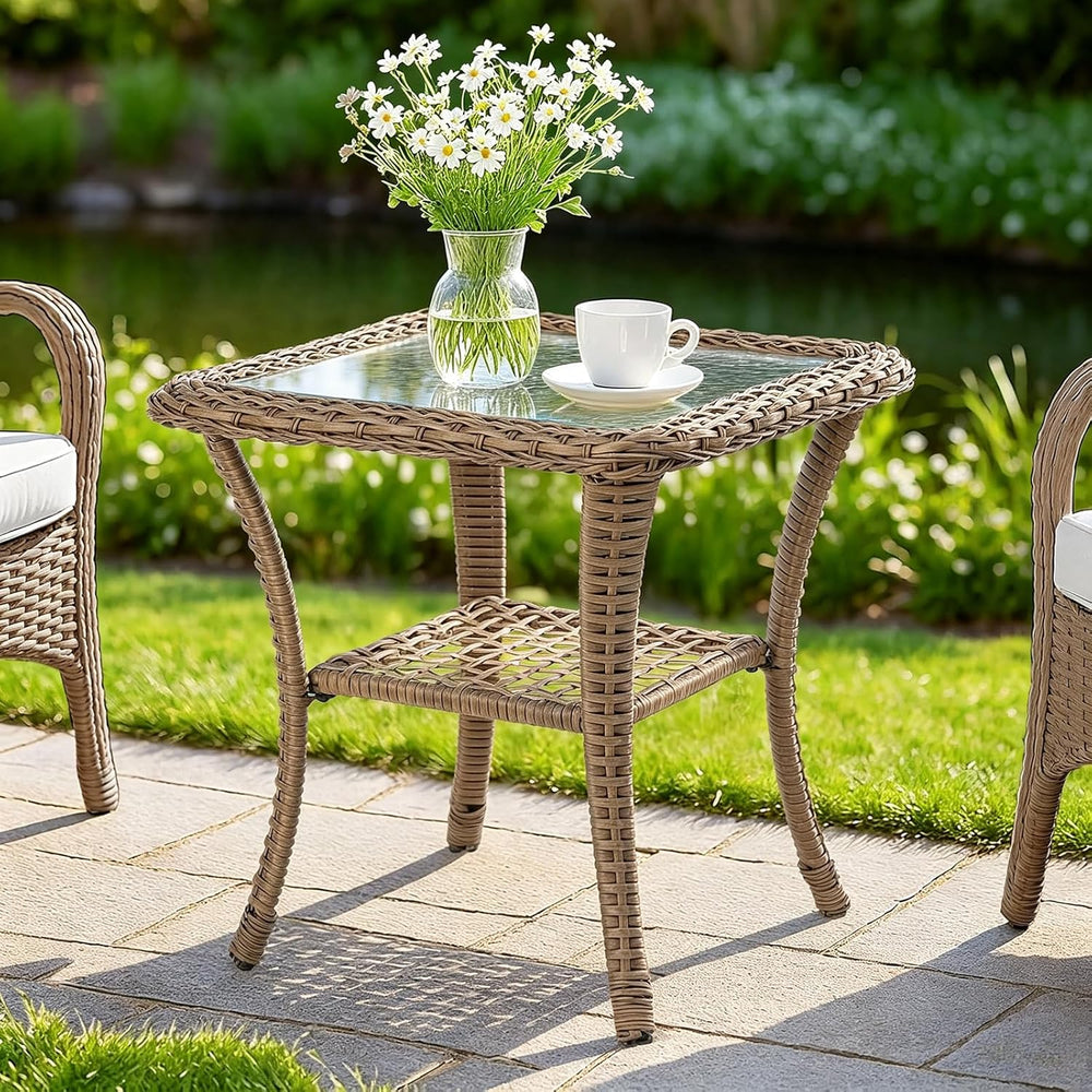 MEETWARM Wicker Outdoor Side Table, All-Weather Patio Rattan Side Table with ...
