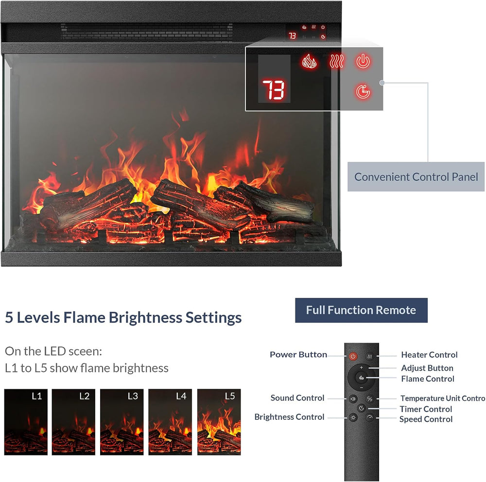 BELLEZE 23" Electric Fireplace with Realistic Crackling Sound, 3-Side Gl...