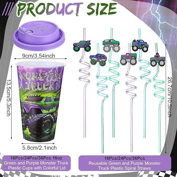Yungyan 24 Sets Green Purple Monster Truck Party Favors Goodie Cups with Lids...