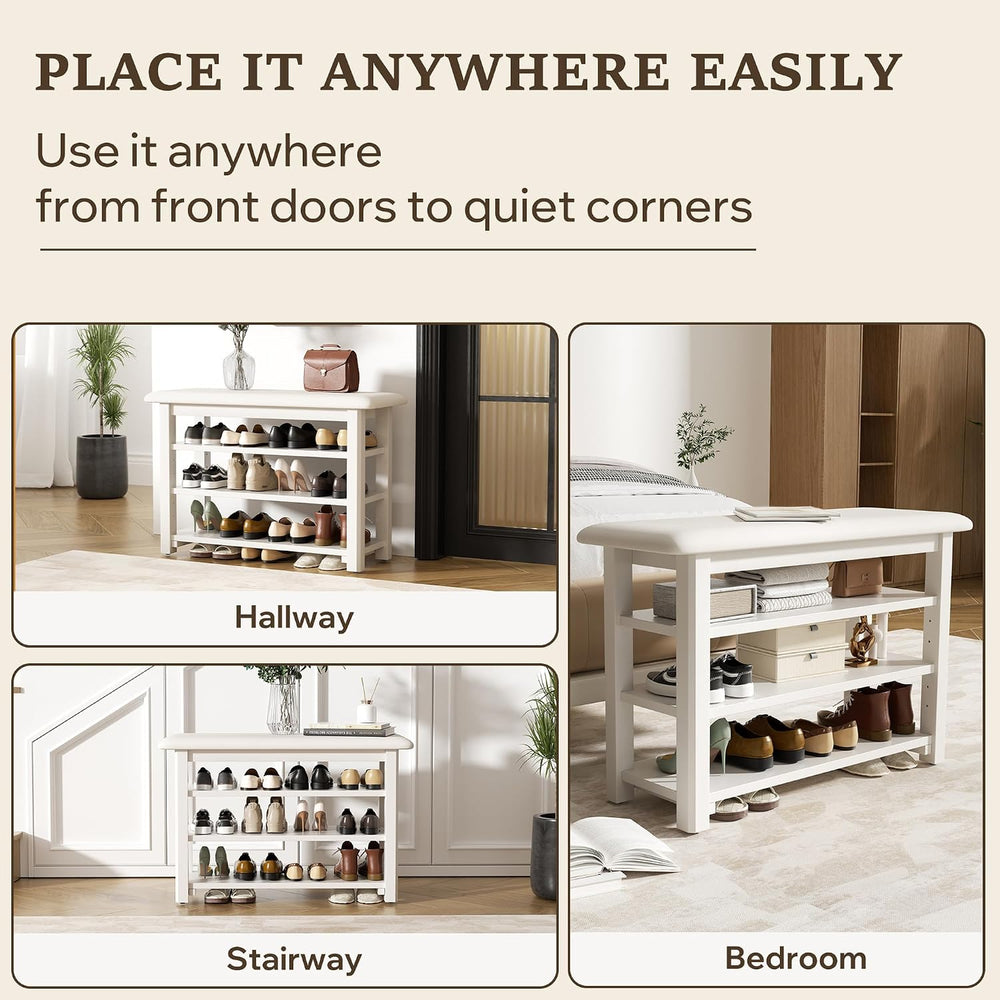 Shoe Rack Bench with Leather Cushion 3-Tier Shoe Rack Organizer for Entryway ...