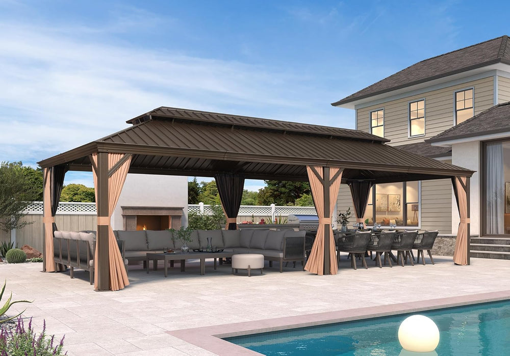 PURPLE LEAF Patio Hardtop Gazebo 12' x 28' Bronze Frame Double Roof K...