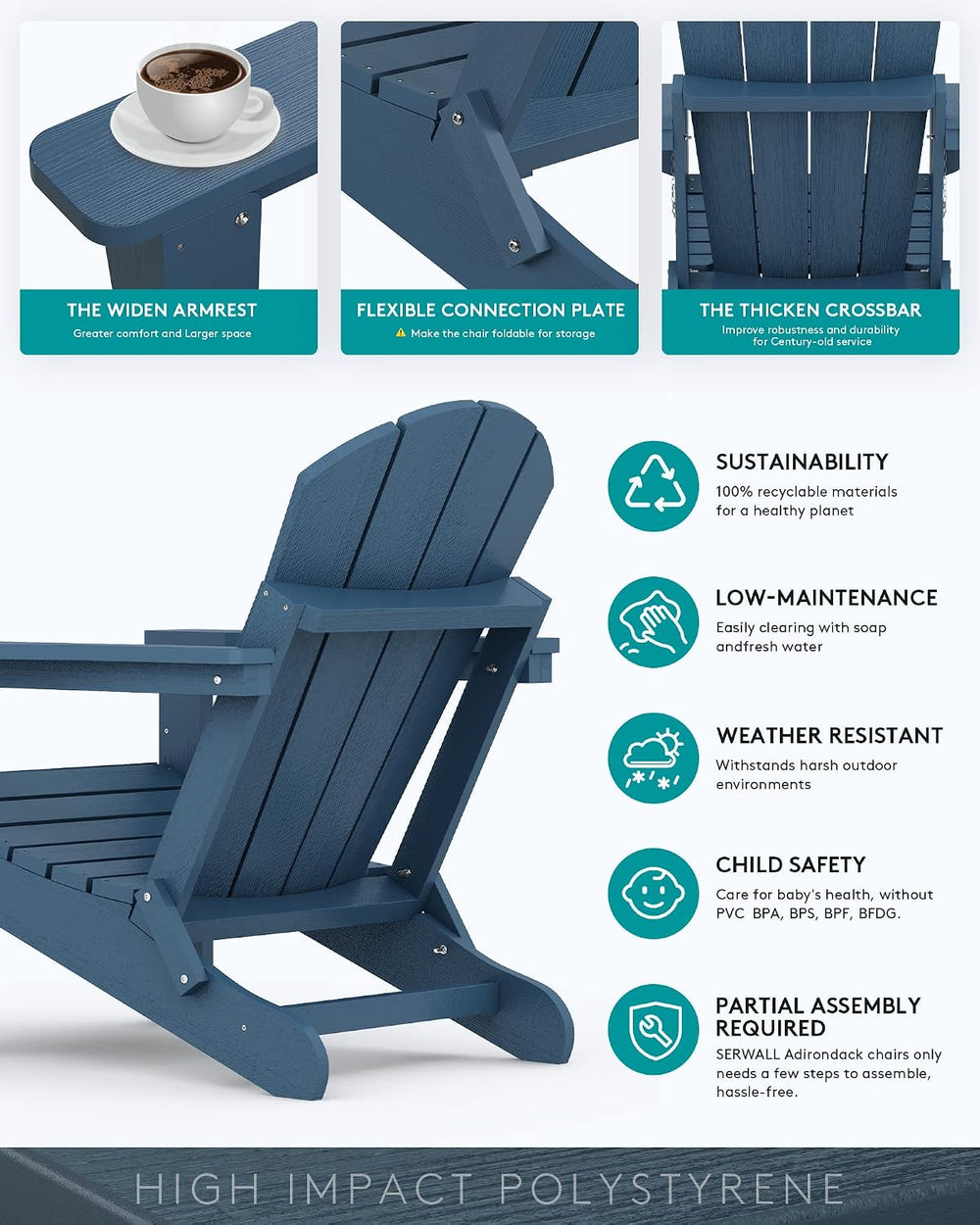SERWALL Folding Adirondack Chairs with Cup Holder, Outdoor Fire Pit - Blue
