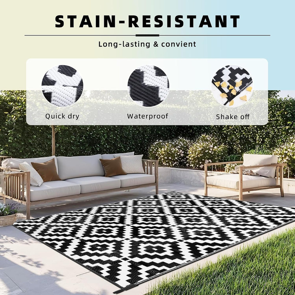 Favoyard Outdoor Rug Black & White 8x10 ft Waterproof Reversible Carpet Mat