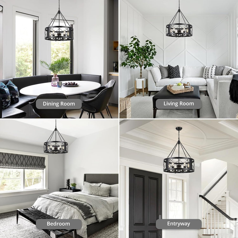 Black Farmhouse Chandelier for Dining Room, 22" Rustic Matte Black Drum ...