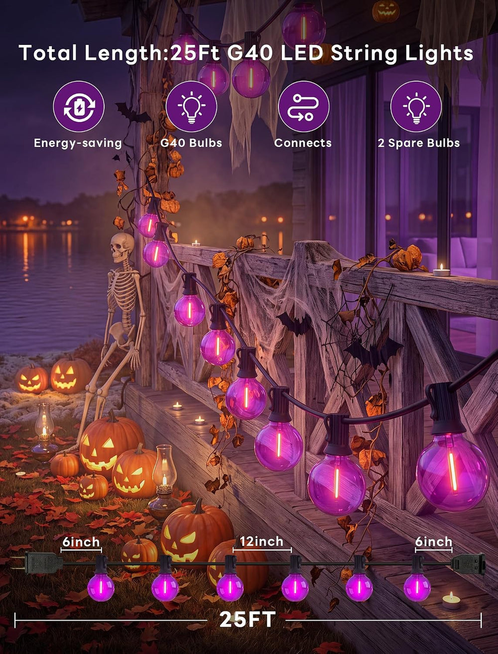Abeja 50FT G40 Purple Halloween String Lights, Halloween Lights Outdoor with ...