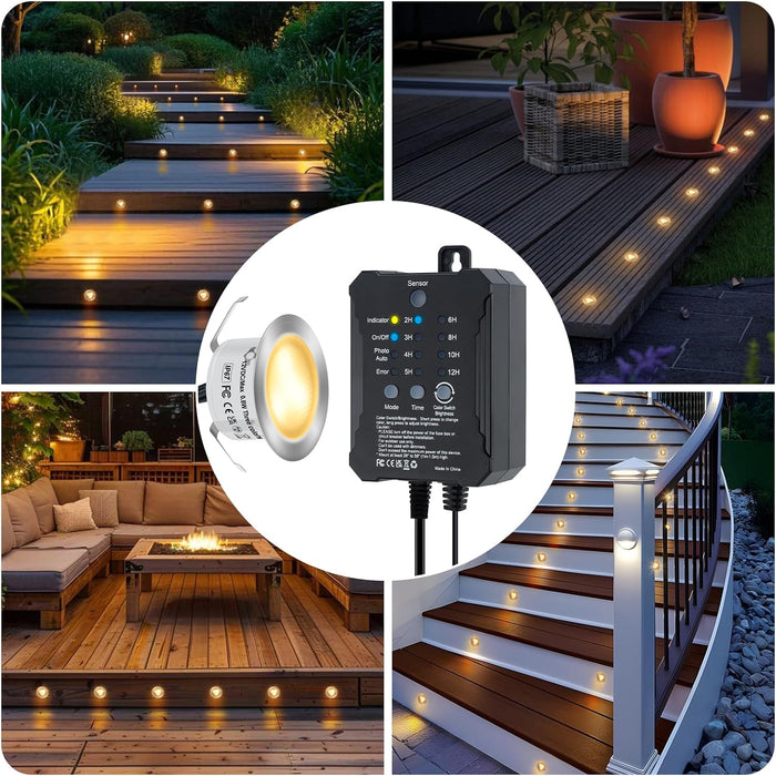 Low Voltage Deck Lights Recessed Kit with Transformer Dimmable Timer and Photocell Sensor Outdoor LED Deck Lighting 3CCT 2700K-5000K IP67 Waterproof with 3pin Cable for Stair Patio Yard 10 Pcs
