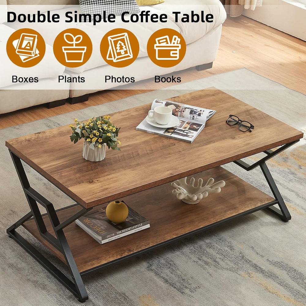 HOMISSUE Coffee Table, Rustic Rectangle Coffee Table with 2-Tier Storage, Eng...