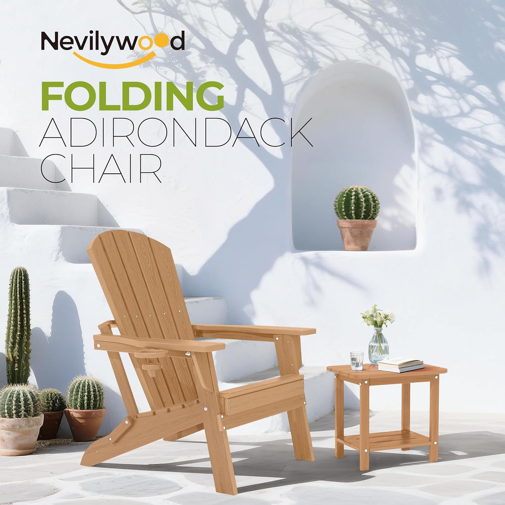 nevilywood Folding Adirondack Chair, HDPE Ergonomic Cup Holder, Teak