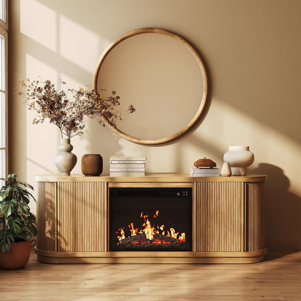 BELLEZE Turin 67" TV Stand with 23" Electric Fireplace Heater - Camel