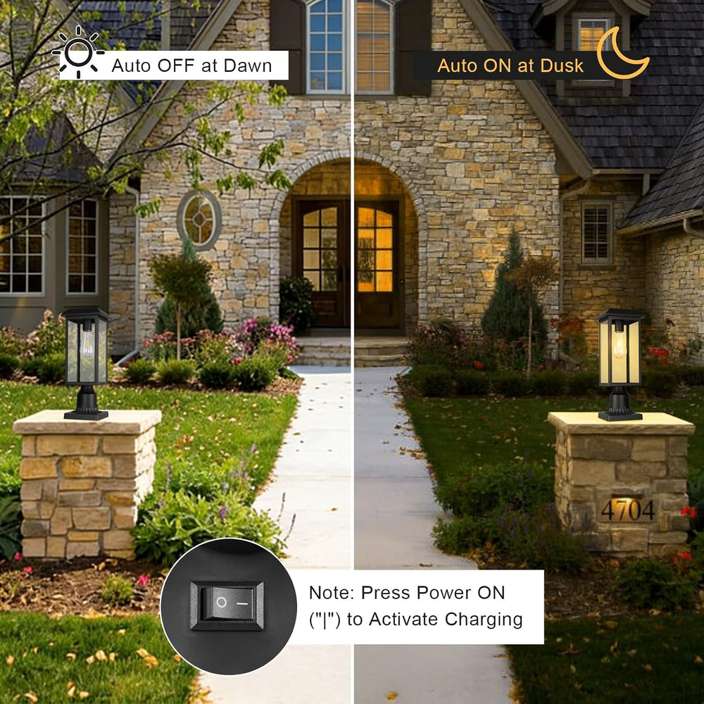 Solar Outdoor Post Lantern Lights, Modern Exterior Pillar Lighting with Black...