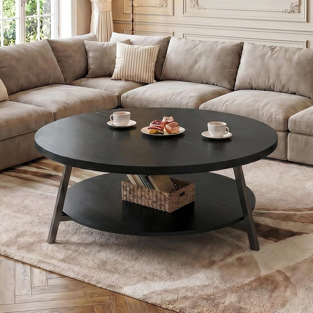 Armocity 35.4" Round Wood Coffee Table with 2-Tier Storage, 1" Thic...
