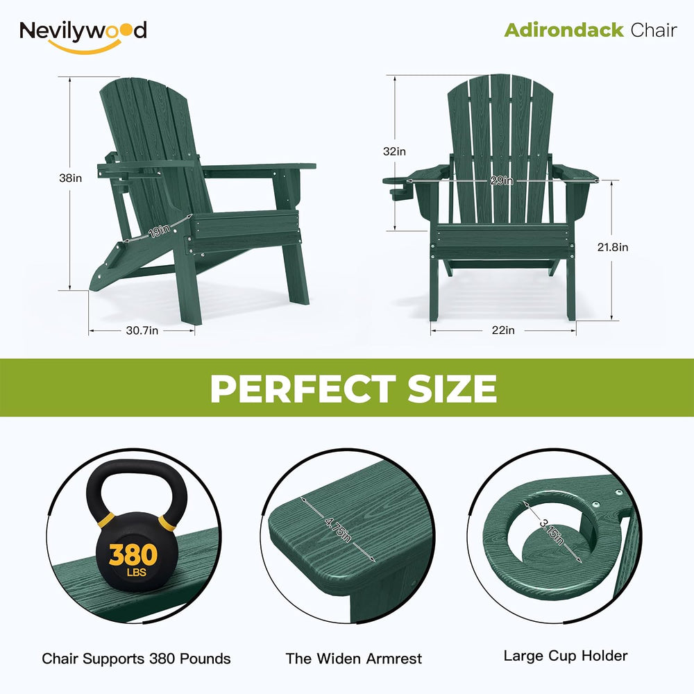 nevilywood Folding Adirondack Chairs Set of 2, HDPE Cup Holders, Green