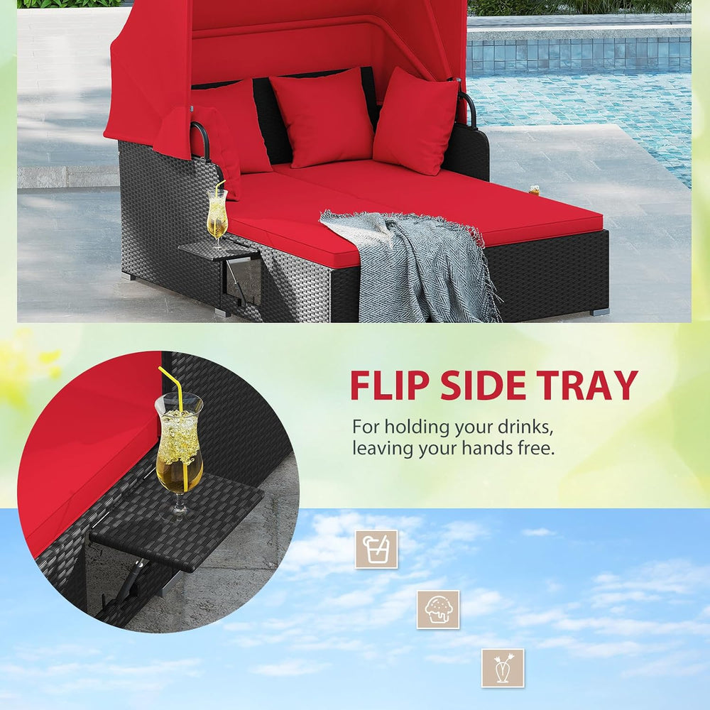 DREAMADE Outdoor Daybed with Canopy, 2 Person Rattan Patio Sunbed, Red