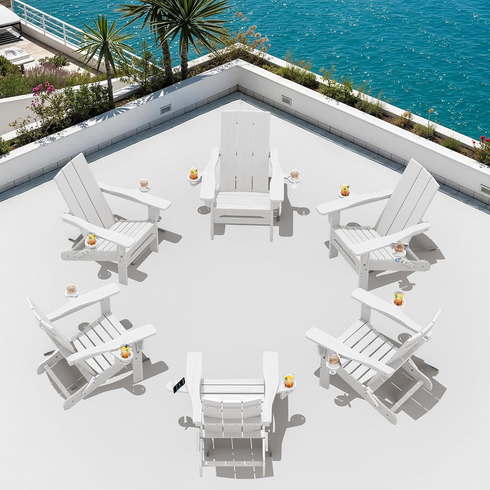 SERWALL HDPE Modern Folding Adirondack Chair with Dual Cup Holder, White
