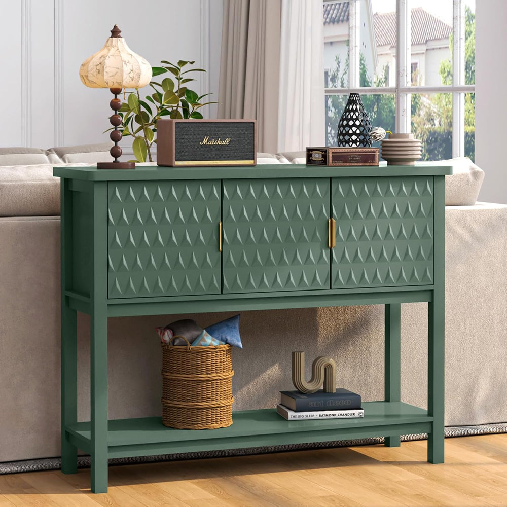 42” Modern Console Table with 3 Diamond Doors & Shelf for Entryway, Green