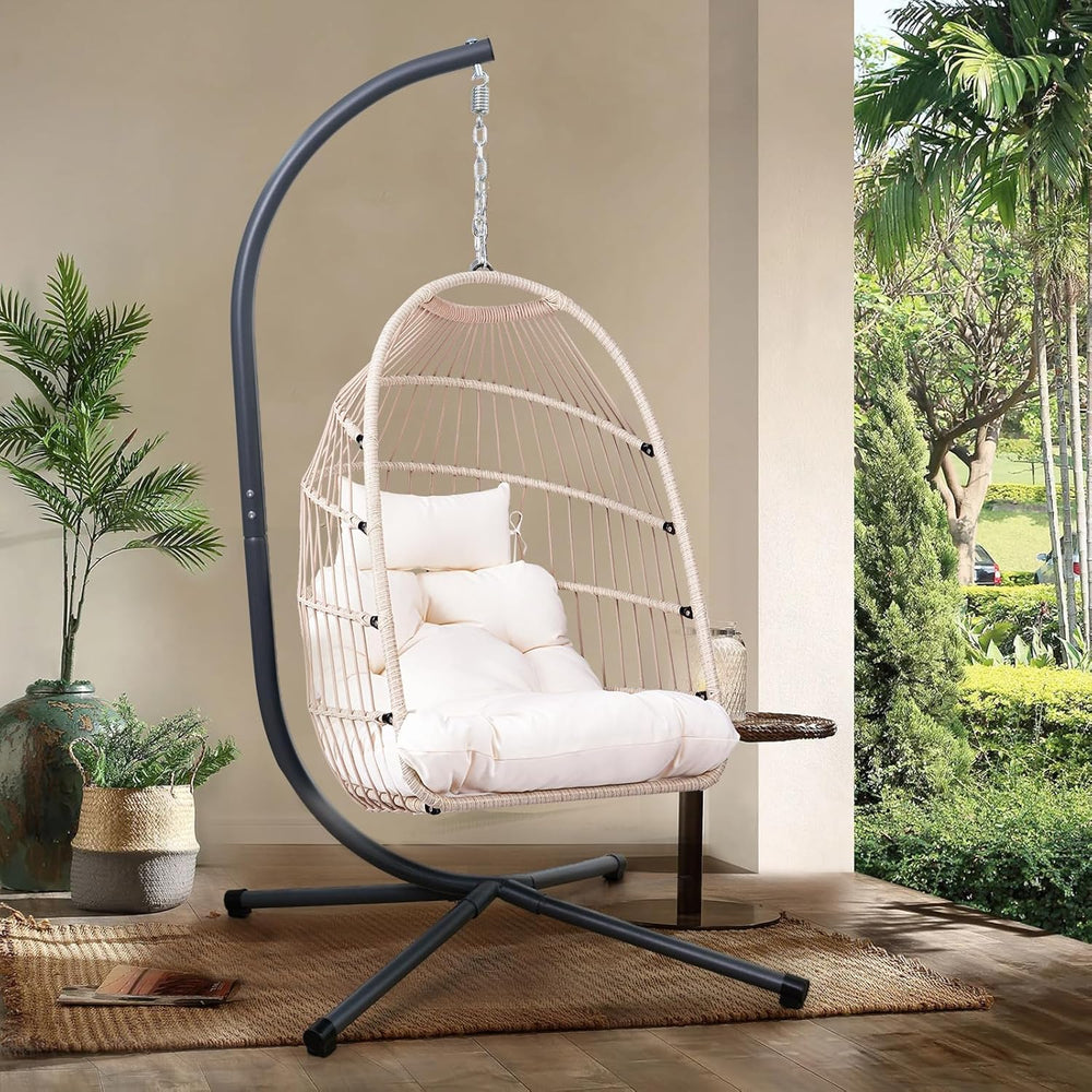Foldable Hanging Egg Chair with Stand, HDPE Rattan and Heavy Duty Aluminum-St...