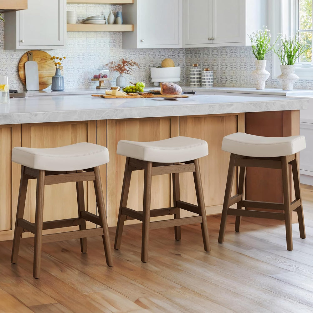 Cozyman Bar Stools Set of 3, Barstools with Sturdy Wood Legs, Saddle Seat Cou...
