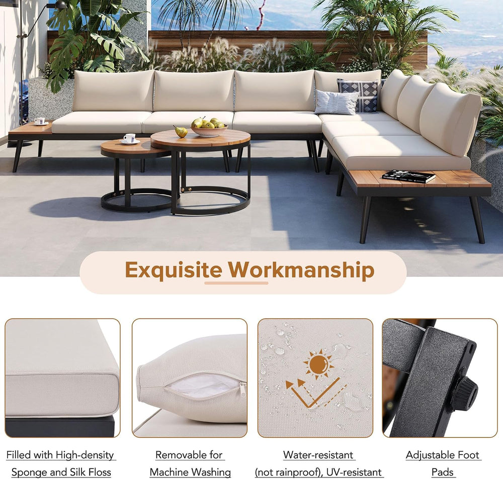 Modern Outdoor Sectional Sofa Set with Round Nesting Coffee Tables and Cushio...