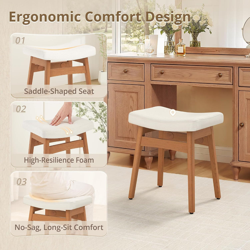 LUE BONA Vanity Saddle Stool with Wood Legs, 17.3" H Compact Makeup Stoo...
