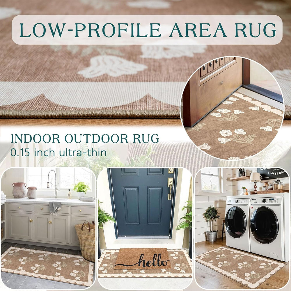 Front Door Mat Indoor Entrance, 2x4.3 Tan Boho Floral Farmhouse Rug