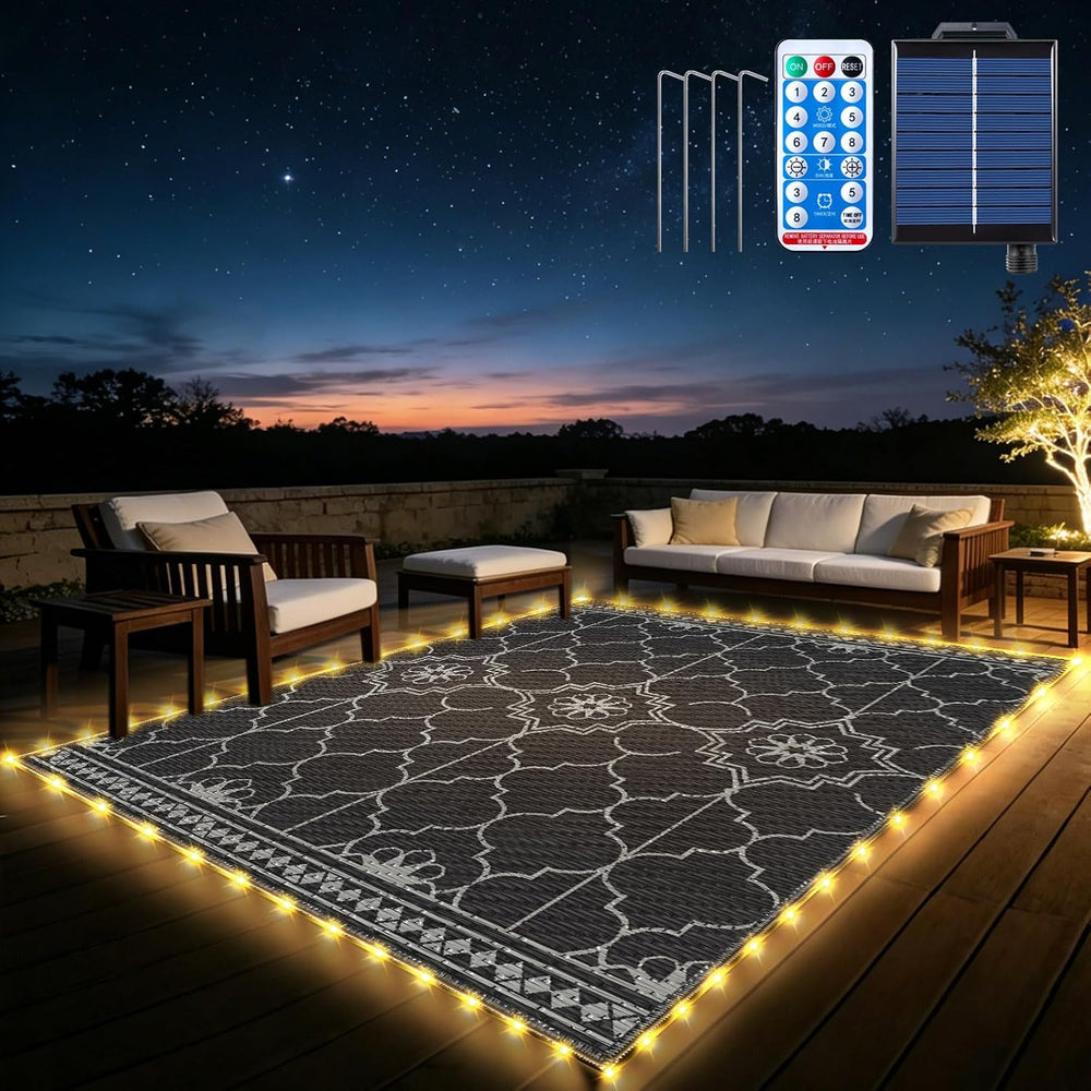 9x12Ft Outdoor Rug, Solar Powered Outdoor Rug with 131LEDs Strip Lights for H...