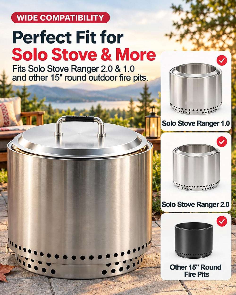 Fire Pit Lid for Solo Stove Ranger 2.0 & 1.0 Accessories, Stainless Steel
