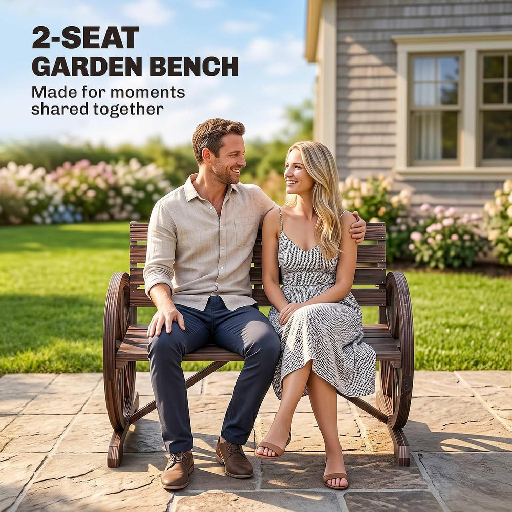 Outsunny 41" Wooden Wagon Wheel Bench Rustic Outdoor 2-Person Carbonized