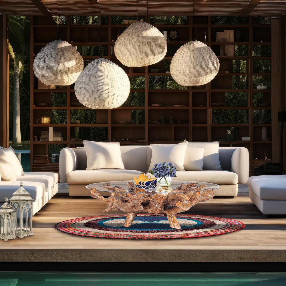 CHIC TEAK Genuine Teak Wood Root Coffee Table Including 55 Inch Round Glass T...