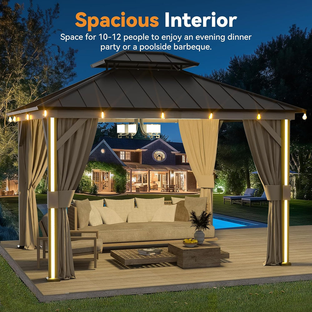 Modern Shade Hardtop Gazebo 10' x 12' with 4 Lights, Outdoor Gazebo w...