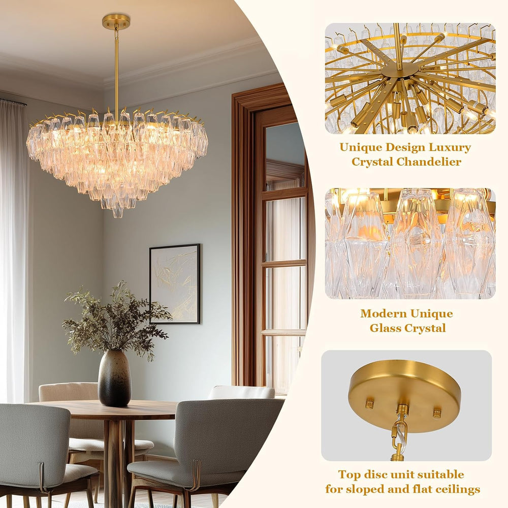 Gold Crystal Chandelier, 36" Modern Luxury Round Glass Crystal 8-Tier Ch...