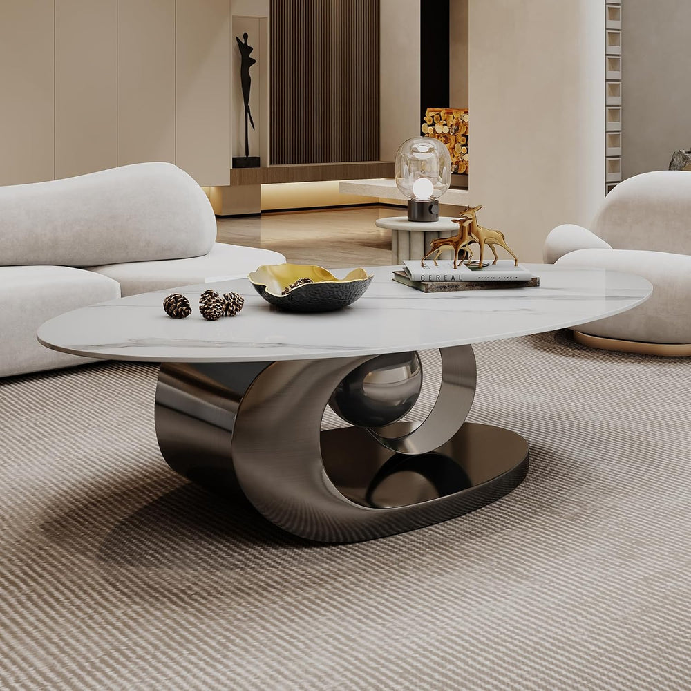 Glintee 49.2" Oval Stone Coffee Table, Grey S-Shaped Base