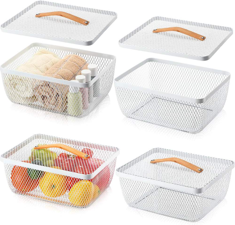 Tandefio 4 Pcs Metal Mesh Basket with Lid and Wooden Handle 9.65 x 7.68 Inch ...