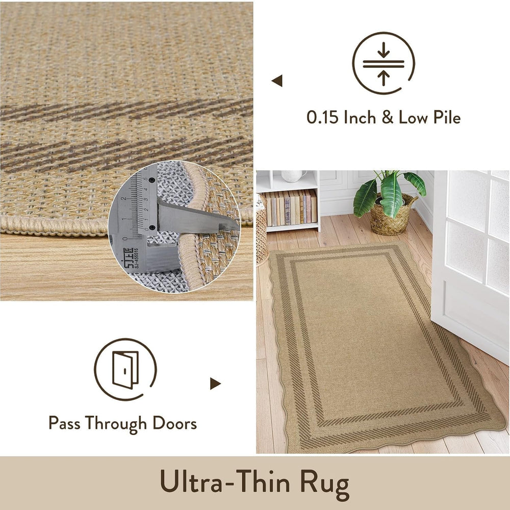 LIVEBOX Scalloped Easy Jute 3x5 Outdoor Rug, Washable Non-Slip Geometric Tan ...