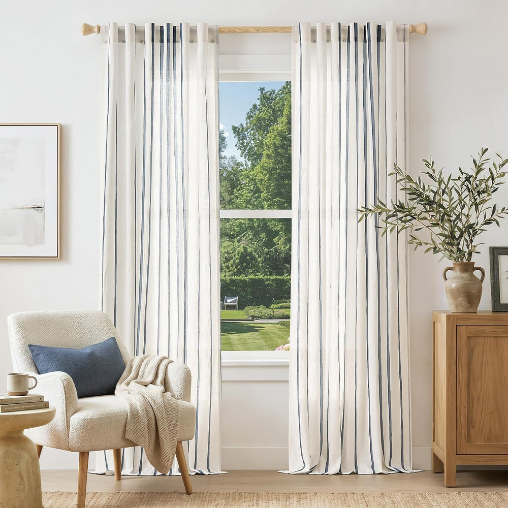 Vangao Striped Curtains Blue on White Semi Sheer Curtains 96 Inches Long