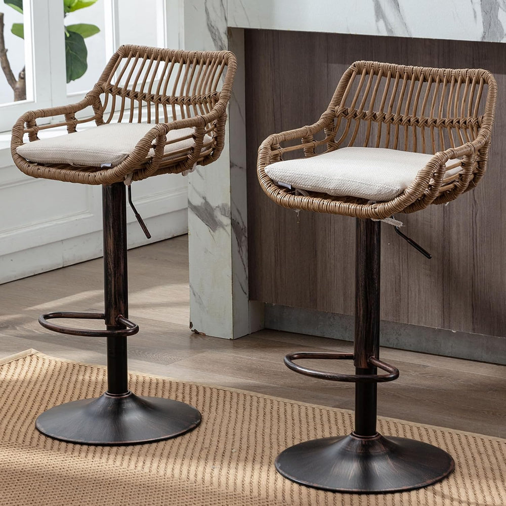 HRVEOCEI Adjustable Rattan Bar Stools Set of 2 with Cushion, Boho Bar Stools ...