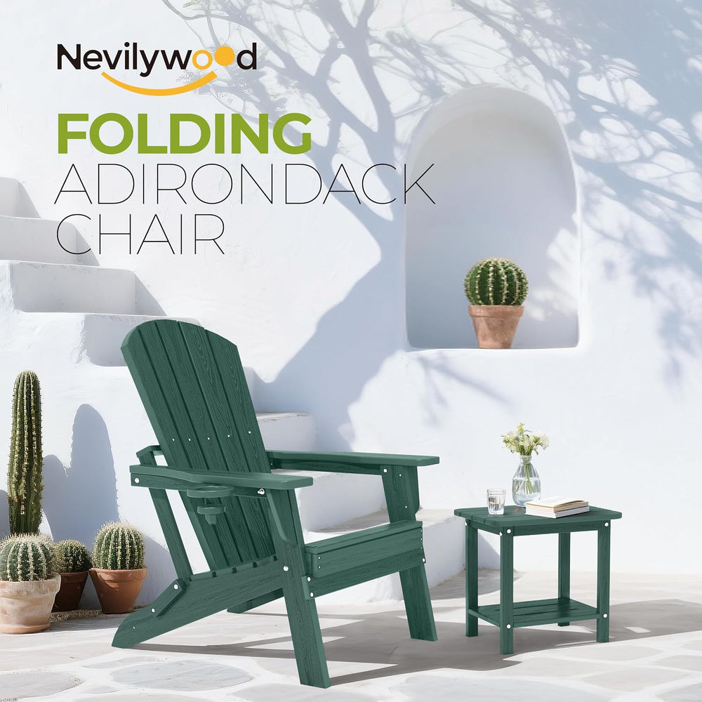 nevilywood Folding Adirondack Chairs Set of 2, HDPE Cup Holders, Green