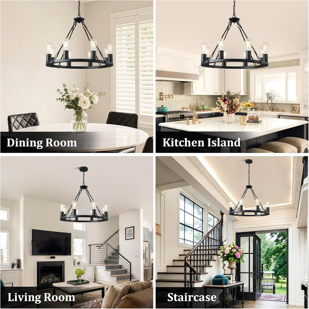 Wagon Wheel Chandelier 8-Light Black Dining Room Light Fixture
