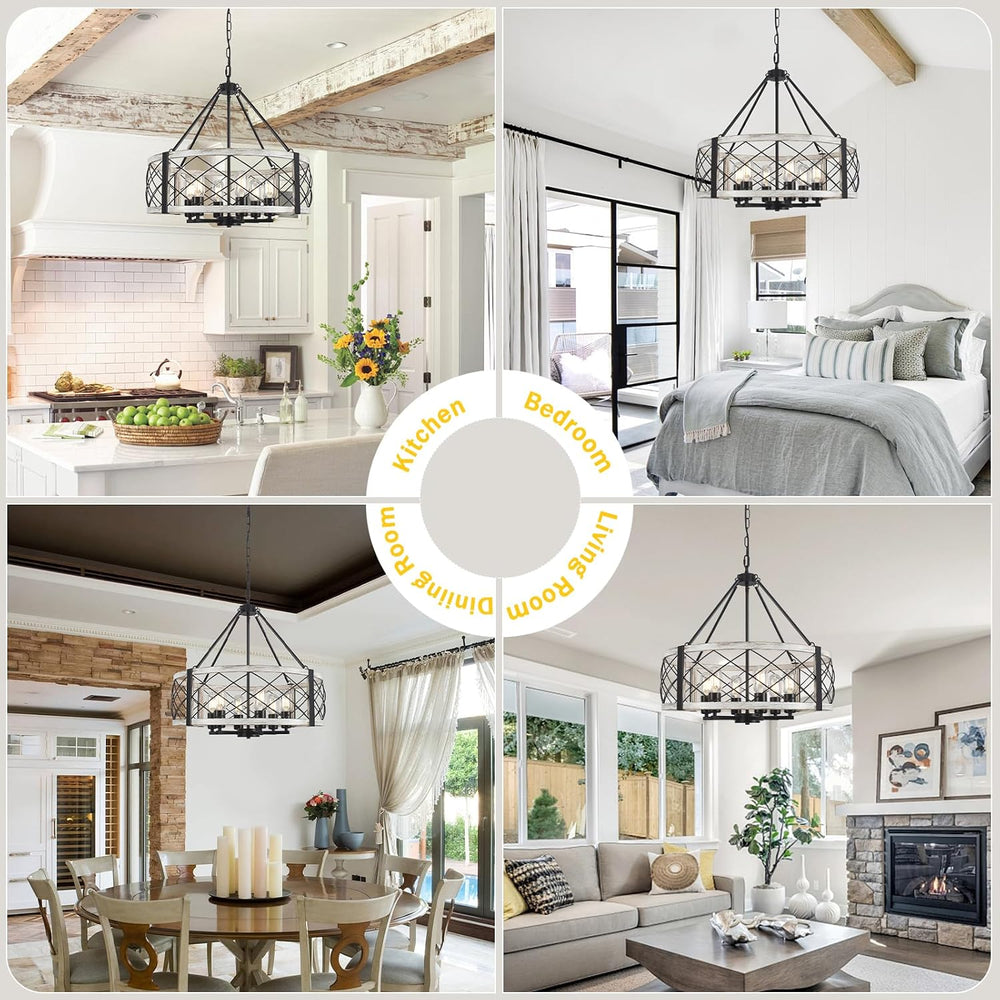 21.6” White Farmhouse Chandelier, 6-Light Wood Grain Finish Chandelier