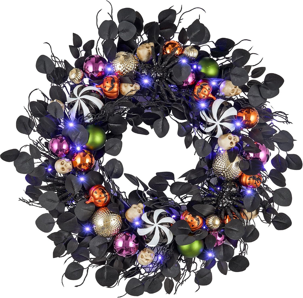 JORNOY 30-Inch Halloween Wreath with Battery Timer - Spider, Balls, Skull