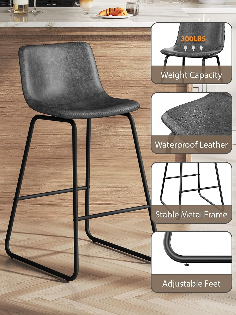 26in Bar Stools Counter Height Chairs Set of 3 Metal Legs (Gray)