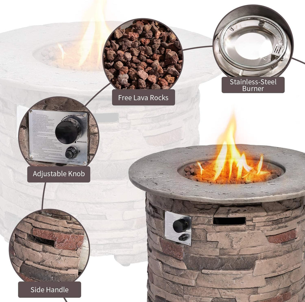 SUNBURY Outdoor Fire Pit Propane Round Fire Pit Table Fire Column, Stonecrest...