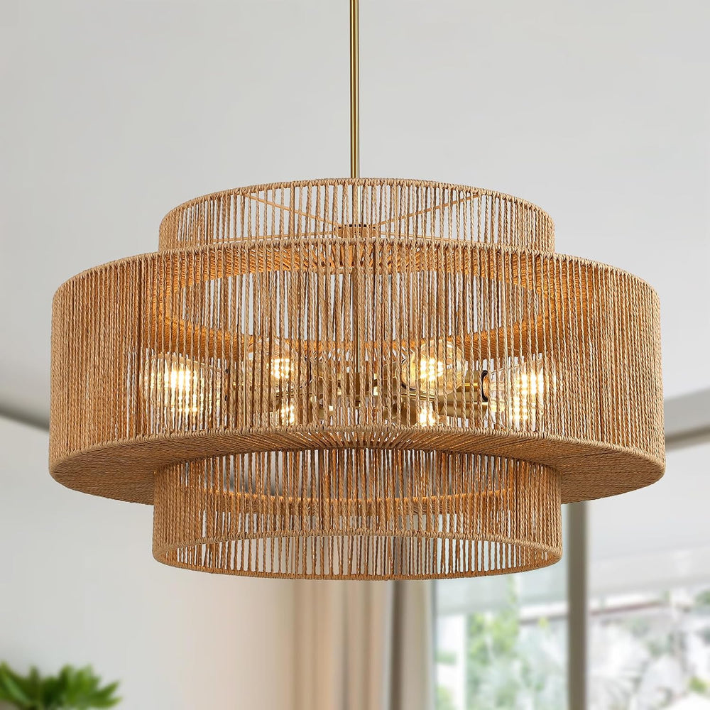 30”Large Rattan Chandelier, 8-Light Boho Hand-Woven Light Fixture