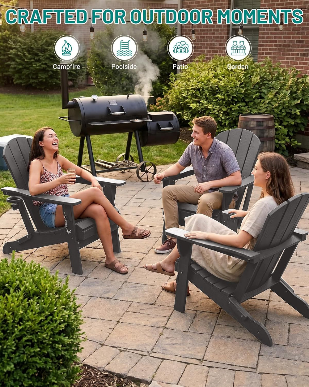 PLUUV Adirondack Chair Set of 4, Fire Pit Chairs with Cup Holder, Grey