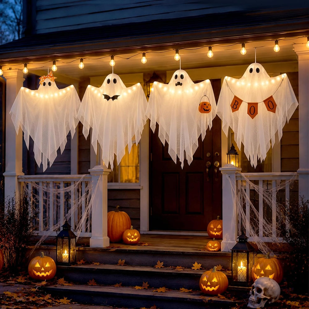 4 Pack Lighted Hanging Ghost Decorations with Timer for Halloween Decor
