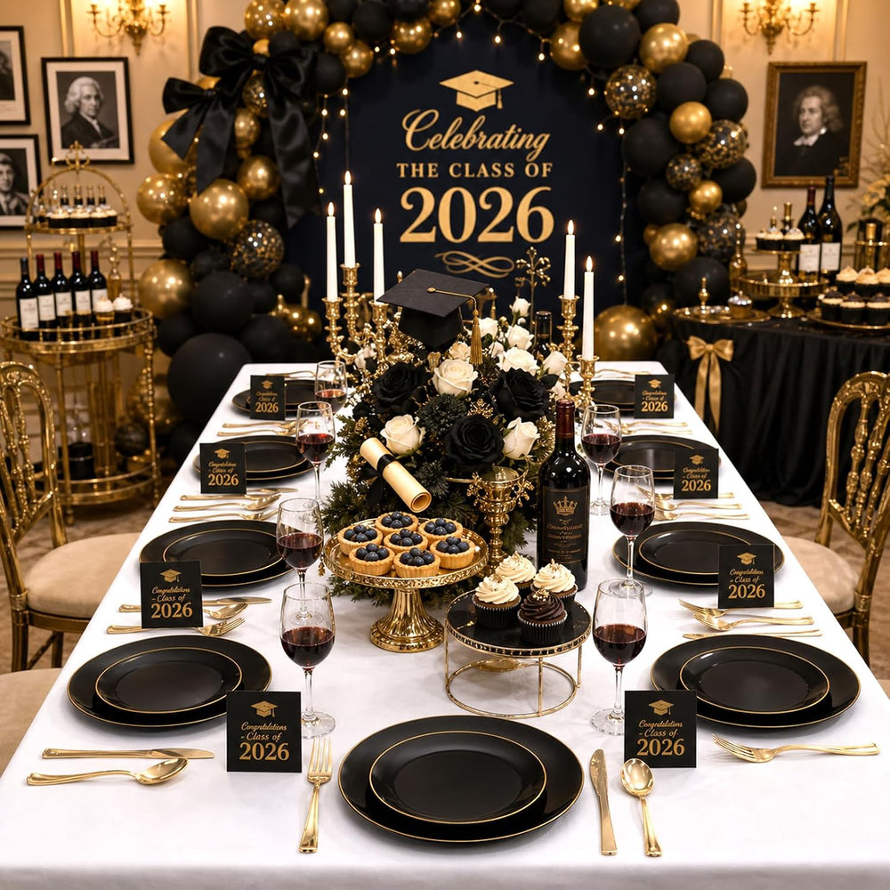 YOUBET 125PCS Black Plastic Plates with Gold Rim for Halloween