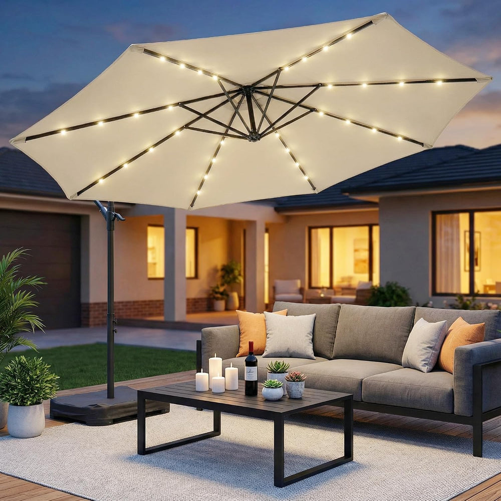 OLILAWN 10FT Patio Umbrella with Solar Lights and Base for Patio, Cream