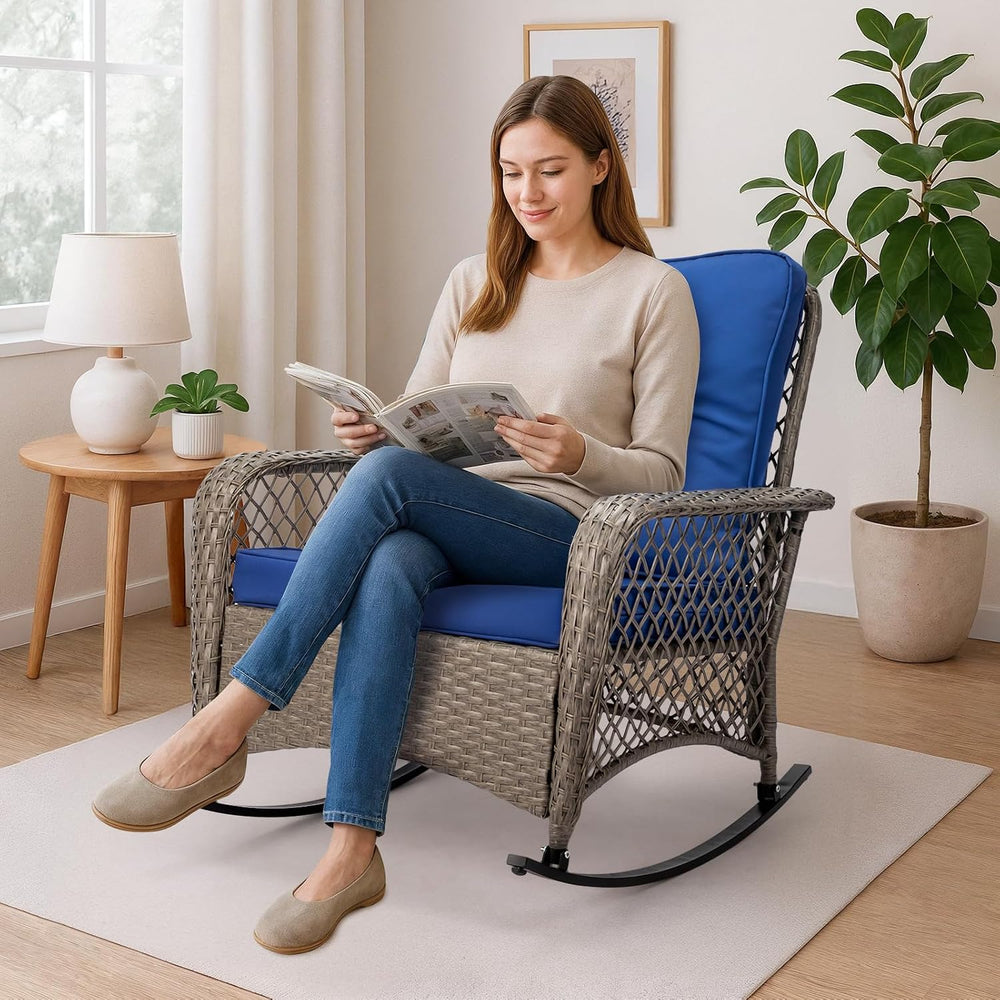 Outvita Outdoor Wicker Rocking Chair w/Cushions & Steel Frame, Navy Blue