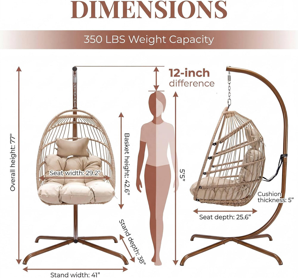 NICESOUL Cozy Hanging Egg Chair with Stand Indoor Outdoor, Wicker Patio Baske...