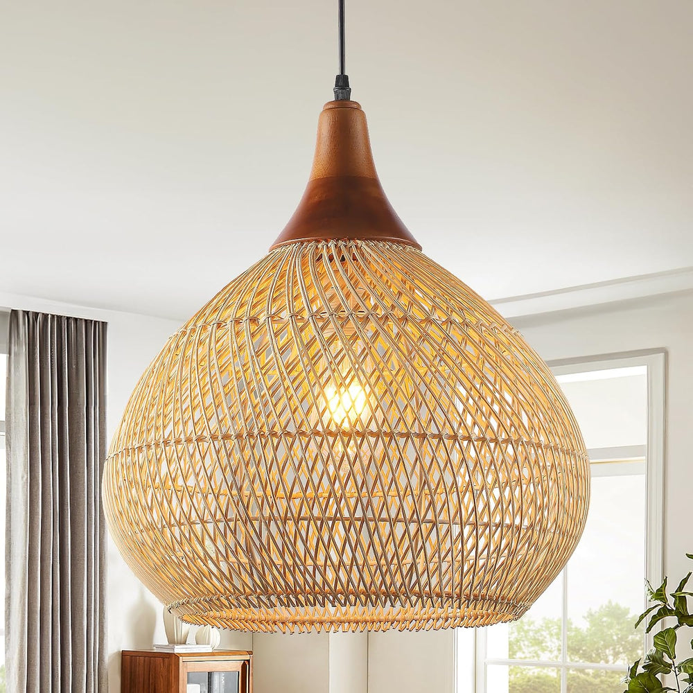 Rattan Pendant Light, 15.7" Rattan Chandelier Hand-Woven Boho Pendant Li...